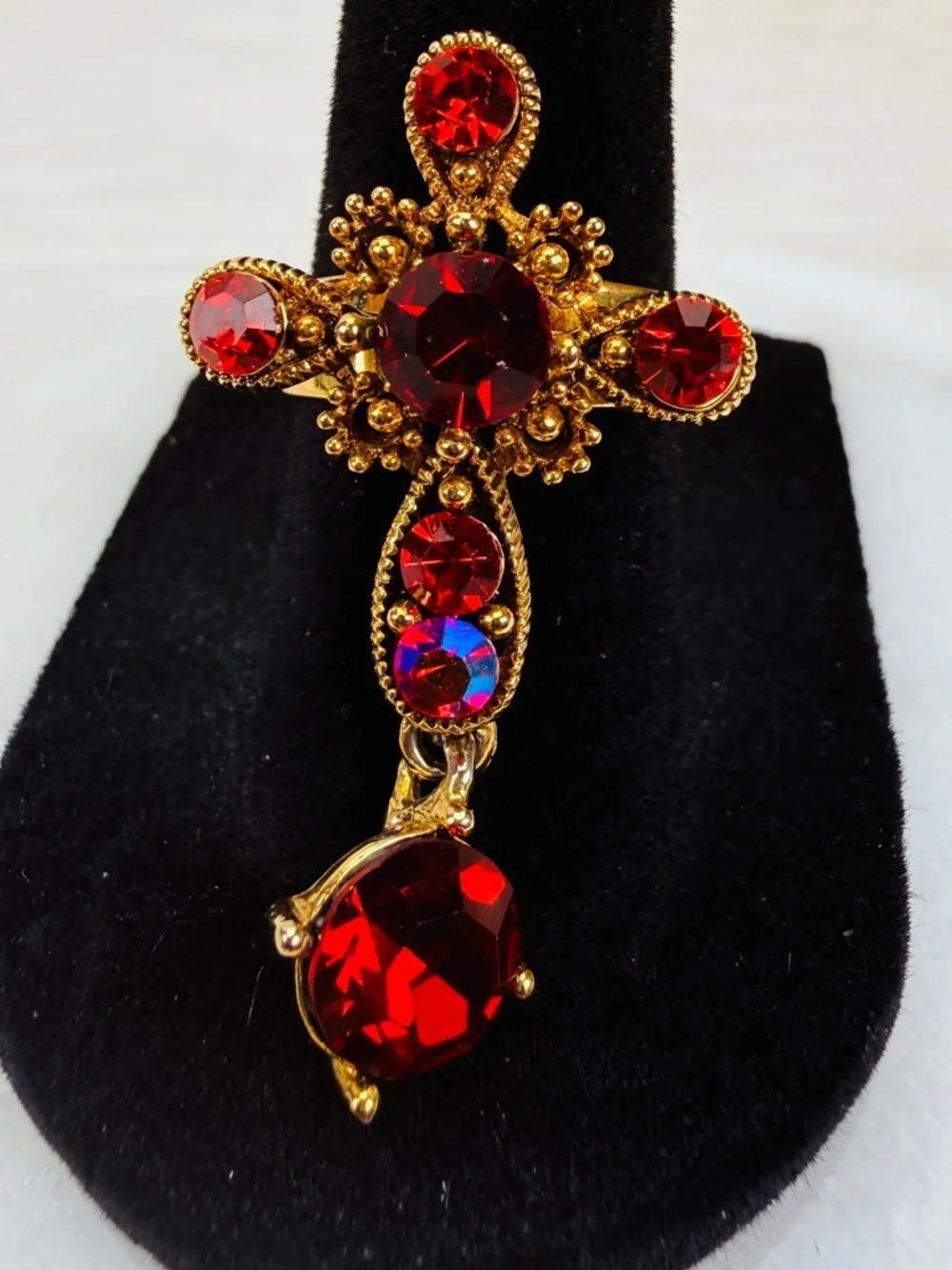 Goldtone, red bling, cross, charm, dangle adjustable costume ring